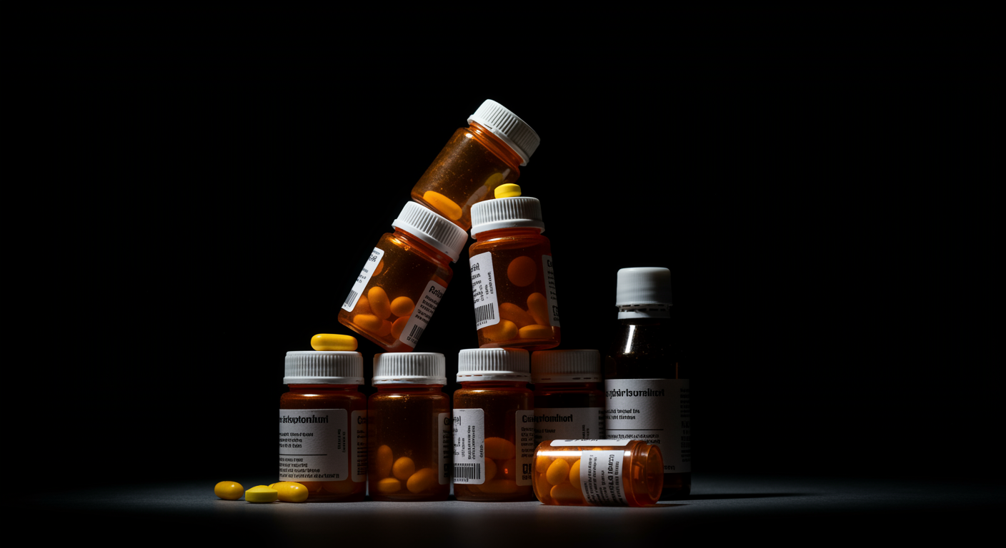 Stack of prescription medication bottles, dramatic side lighting, no text, clean composition