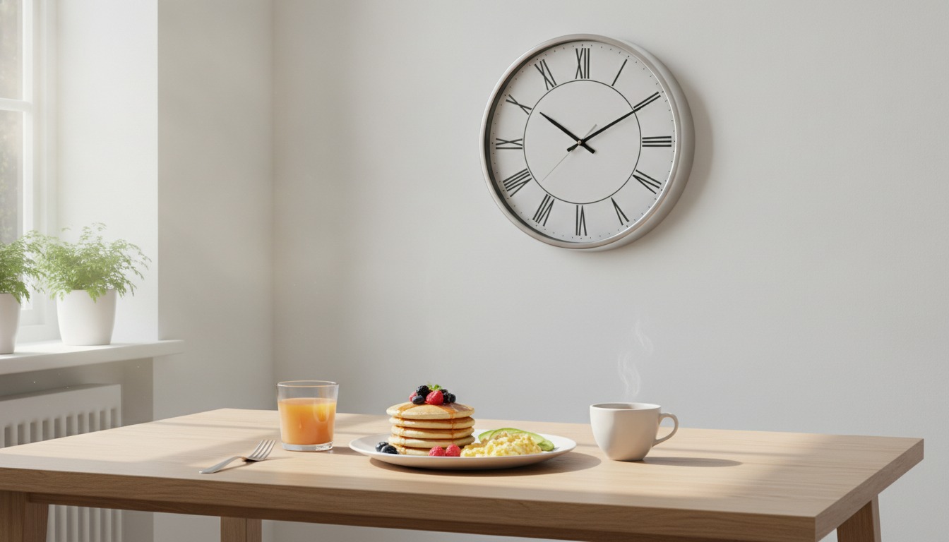 A bright kitchen table in morning light with a plate of fresh food and a round wall clock showing noon