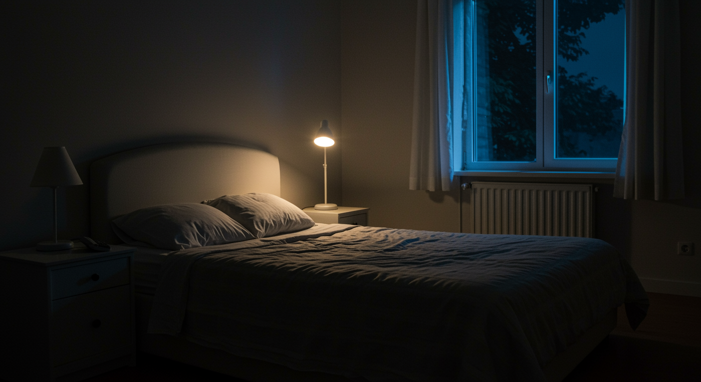 Photorealistic bedroom lighting showing melatonin suppression effects with extended light exposure analysis, circadian disruption visualization, soft warning lighting, no text