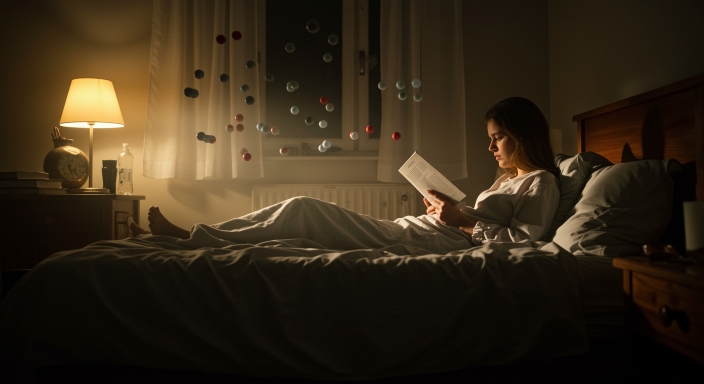 Photorealistic bedroom scene with person reading under bright room light, showing melatonin molecules being suppressed, warm evening lighting contrast, no text