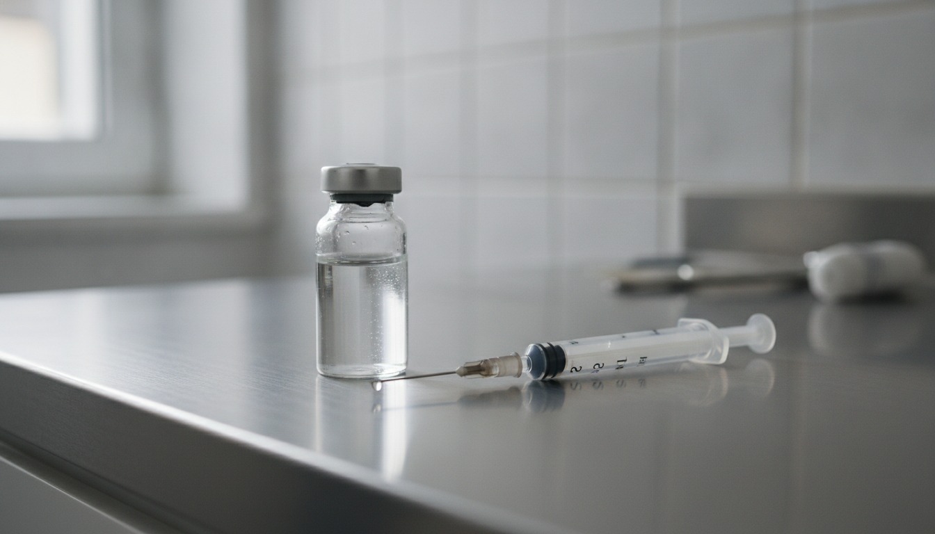 A small clear glass vial and a fine gauge syringe resting on a clean stainless steel clinic counter in soft daylight