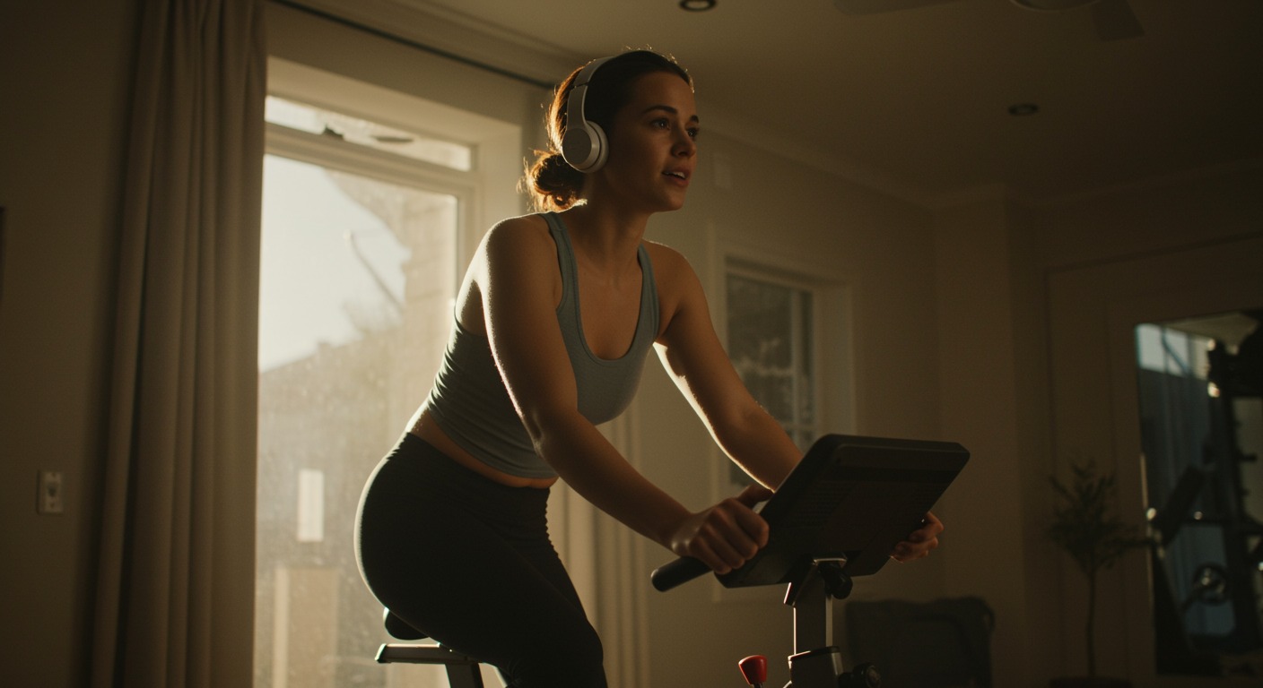 Person cycling on a stationary bike in a sunlit home gym with wireless headphones on and an upbeat expression