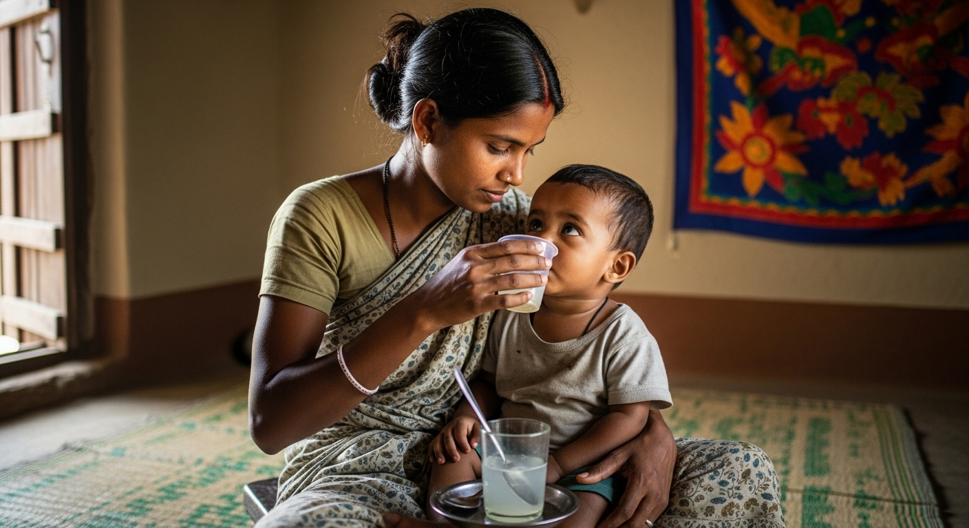 Children drinking oral rehydration solution in a community health setting