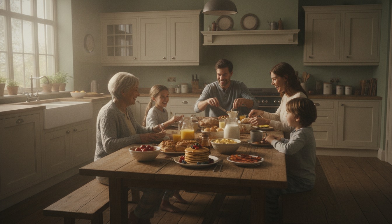 Warm family kitchen scene with a wholesome breakfast spread on a wooden table in soft golden morning light