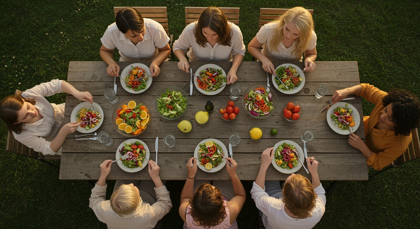 Overhead view of a diverse group of women of different ages and ethnicities sitting together at a long outdoor table sharing a healthy meal with colorful vegetables and salads in natural daylight