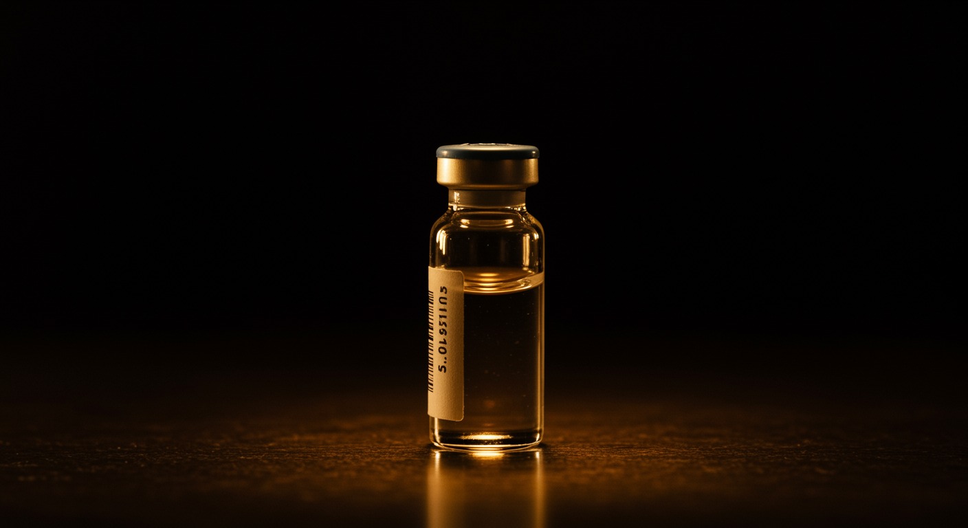 Single glass insulin vial, warm amber lighting, no text, vintage medical aesthetic