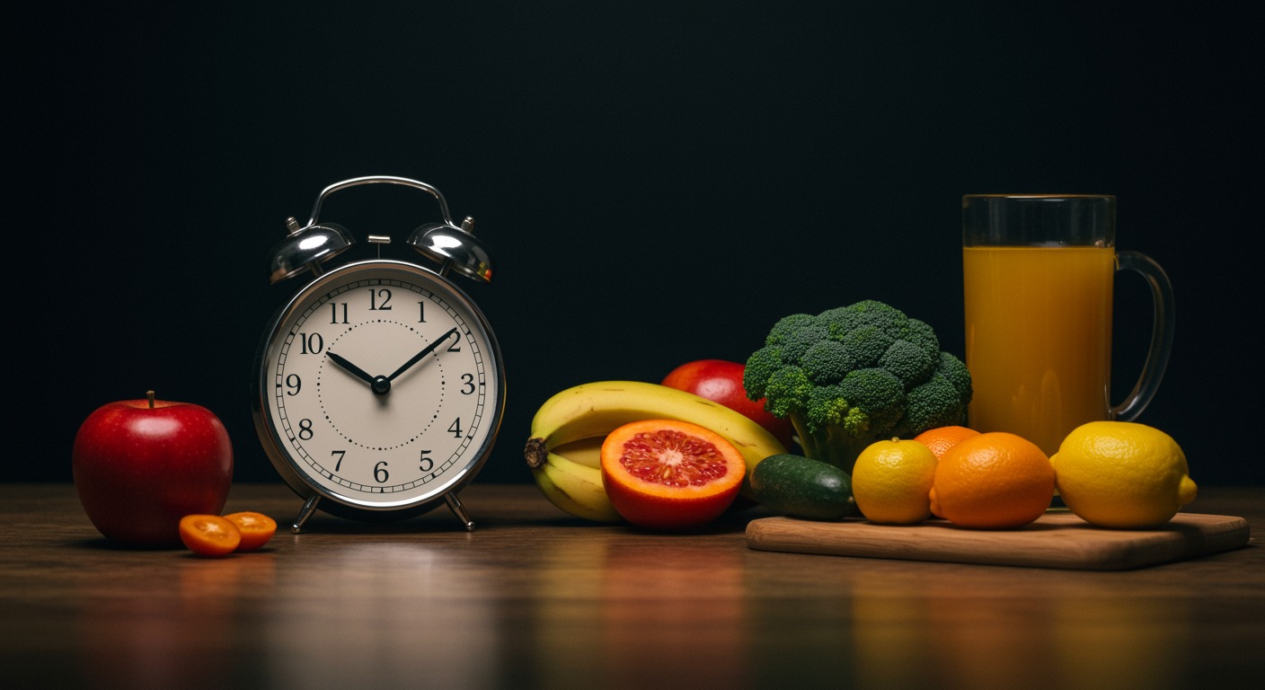 Clock showing meal times next to healthy food portions on a dining table