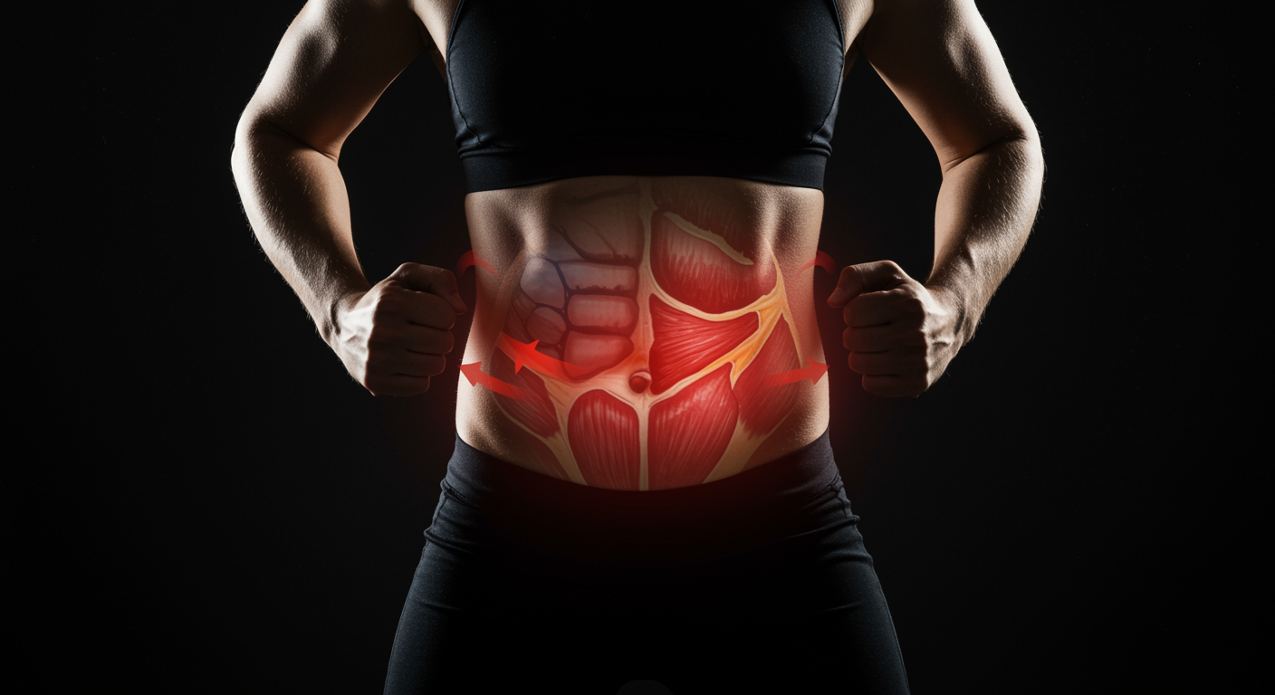 Athletes exercising with anatomical overlay showing stomach position changes and increased abdominal pressure during physical activity