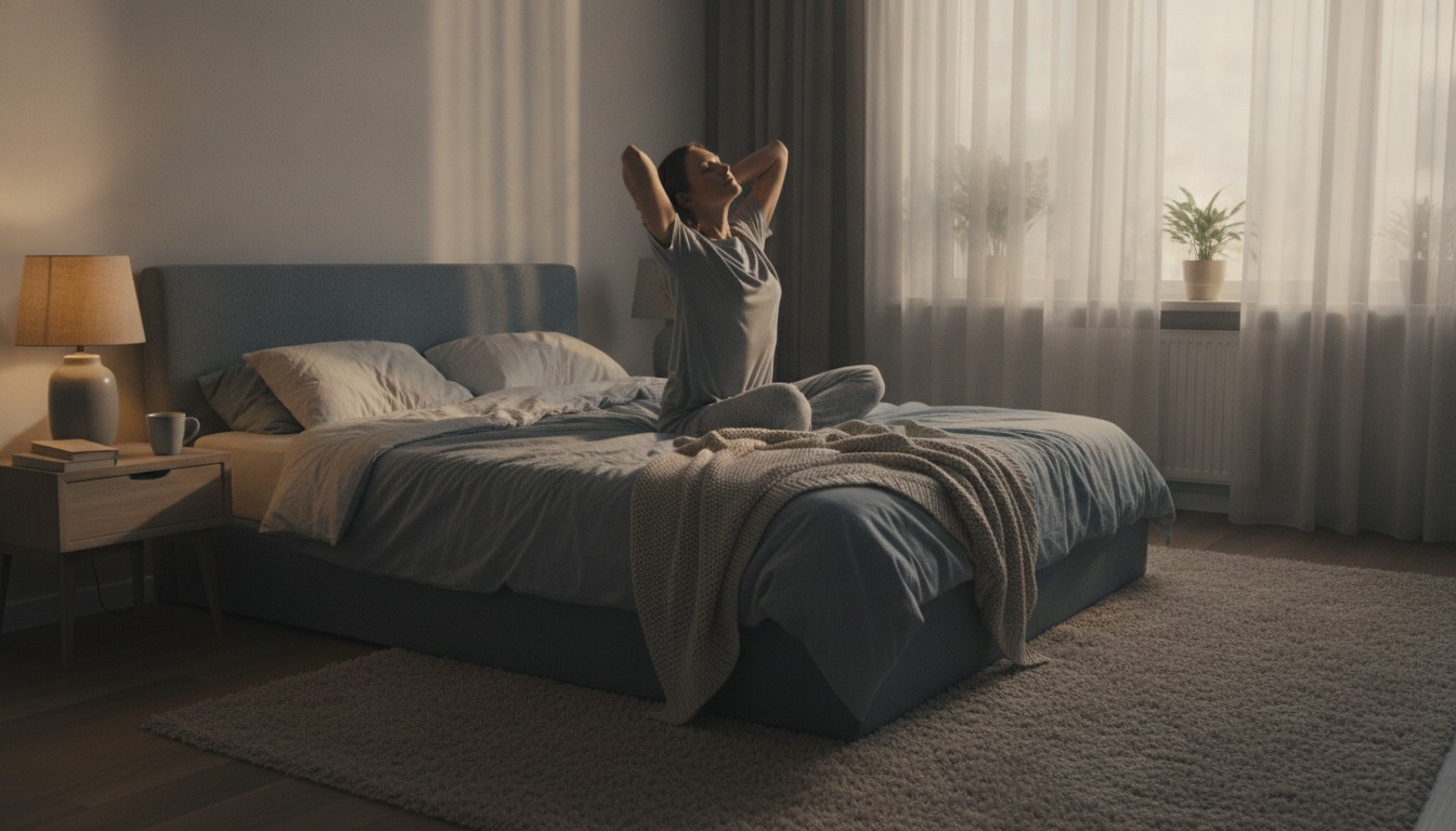 Person sitting on the edge of a bed in a softly lit bedroom in early morning, slowly stretching their shoulders