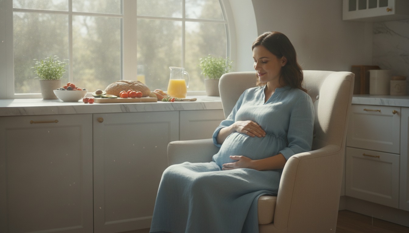 A pregnant woman resting a hand on her belly while sitting near a bright kitchen window with fresh food on the counter and soft morning light