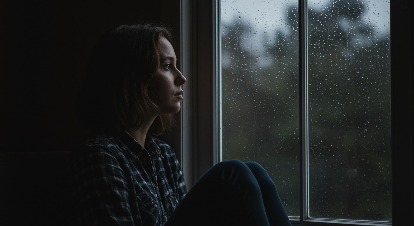 Person sitting by a rain-streaked window with soft overcast light casting gentle shadows across their face