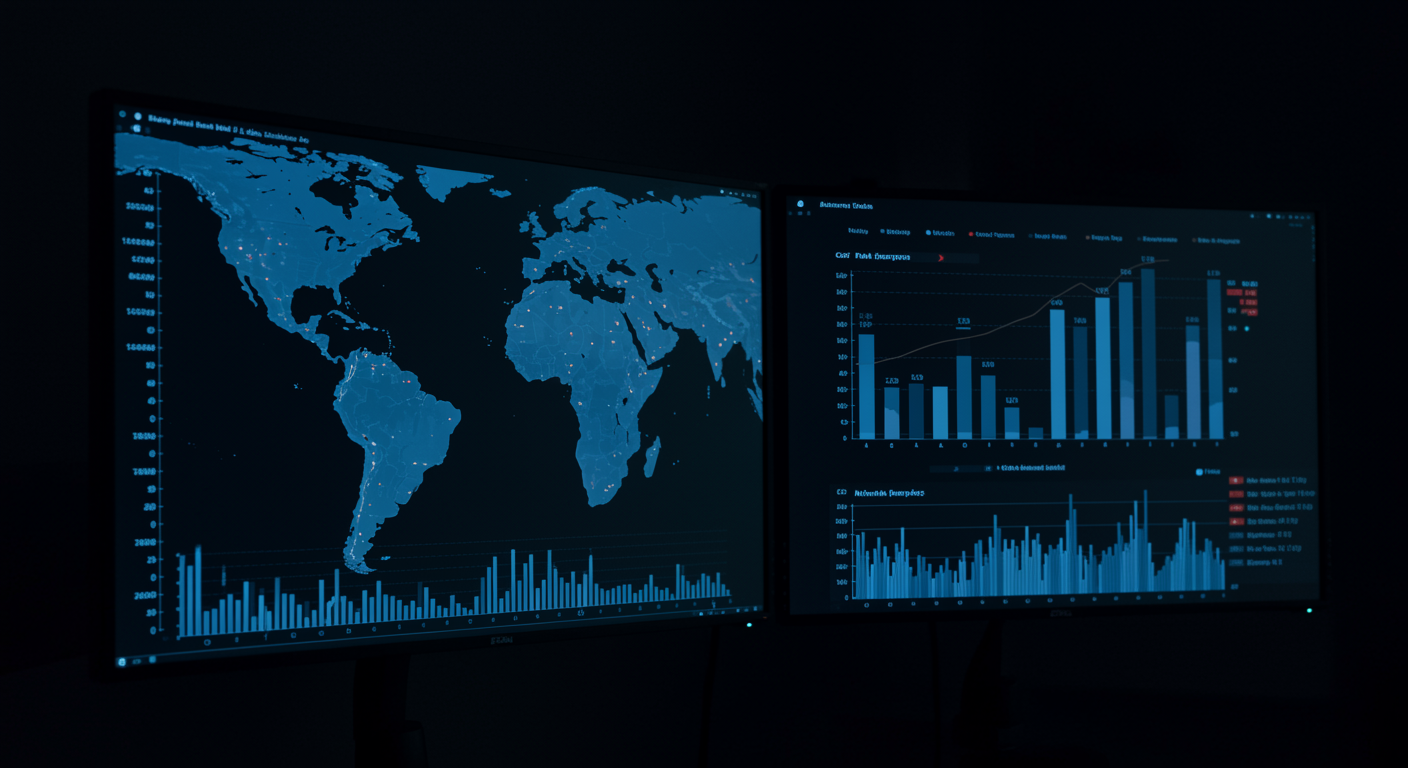 Global health data visualization screens showing resistance statistics under analytical lighting