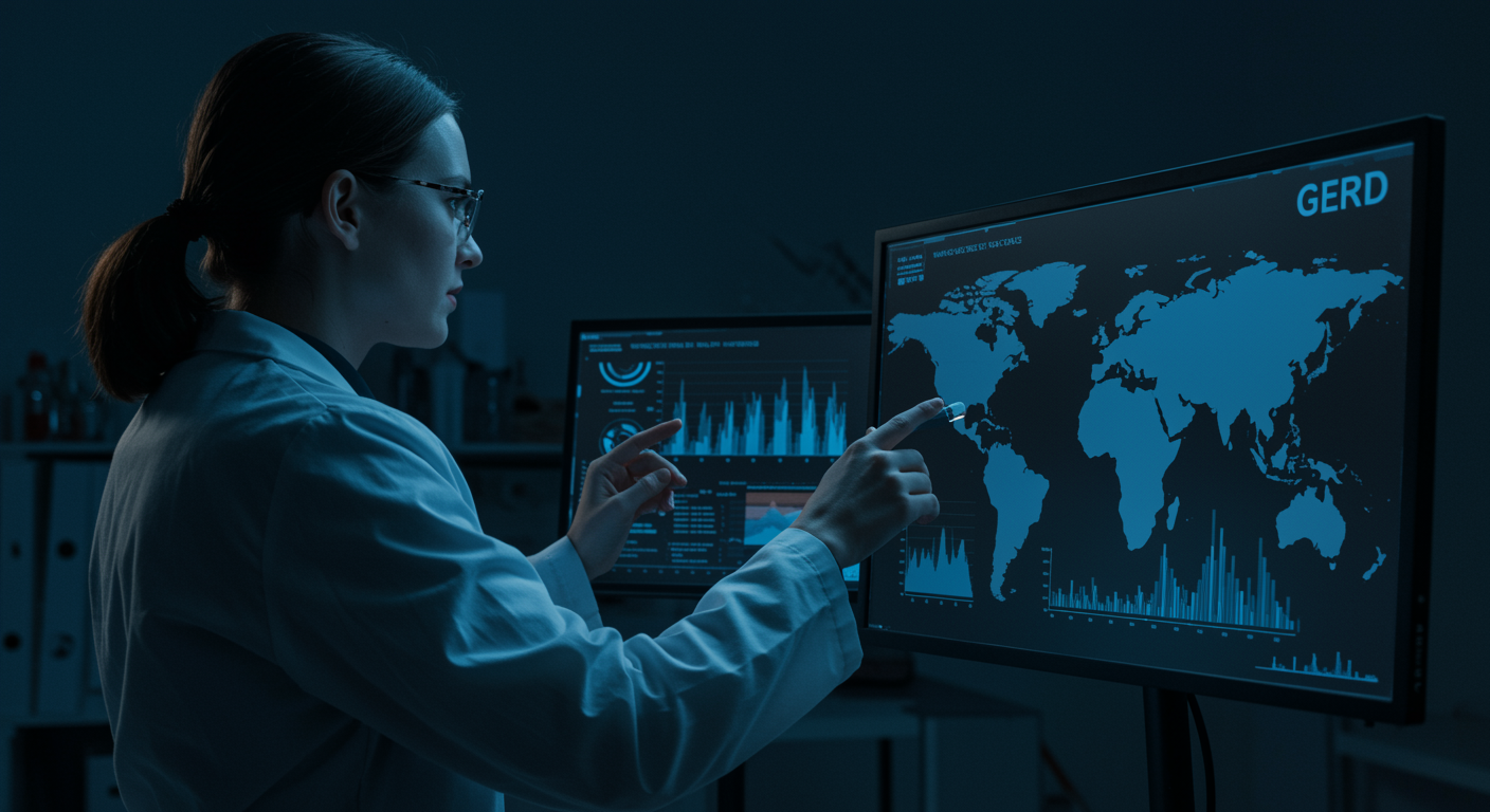 Medical professional examining global health data on digital screens showing GERD statistics across continents