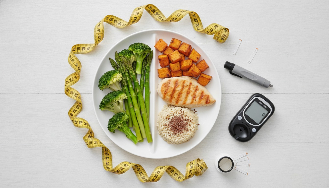 Overhead flat-lay of a balanced plate of food with measuring tape and a glucometer on a white table