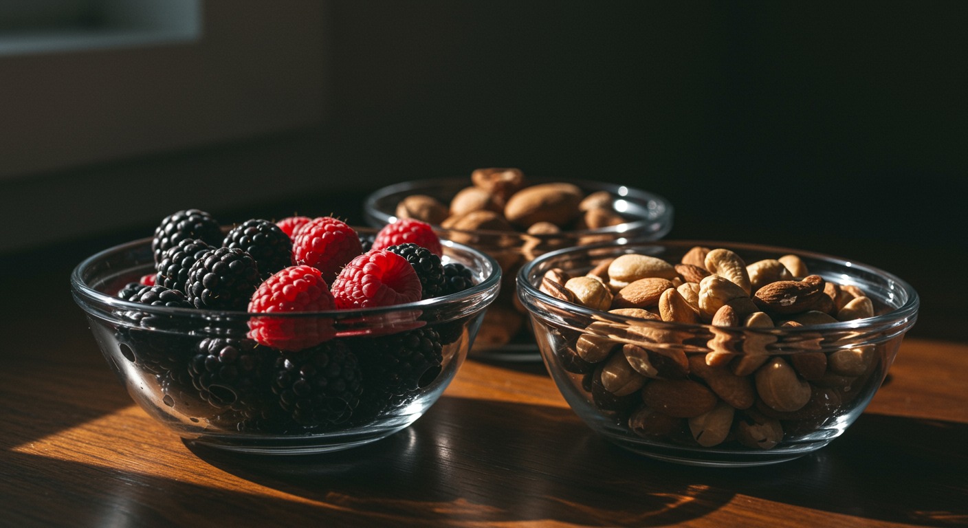 Close-up of colorful fresh berries and nuts in glass bowls with clean bright natural light from a side window