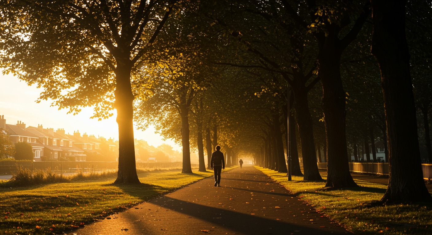Person walking on a tree-lined neighborhood path on a sunny afternoon with warm golden light filtering through leaves