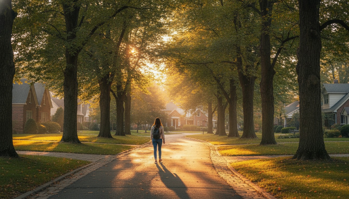 Person walking on a tree-lined neighborhood path on a sunny afternoon with warm golden light filtering through leaves