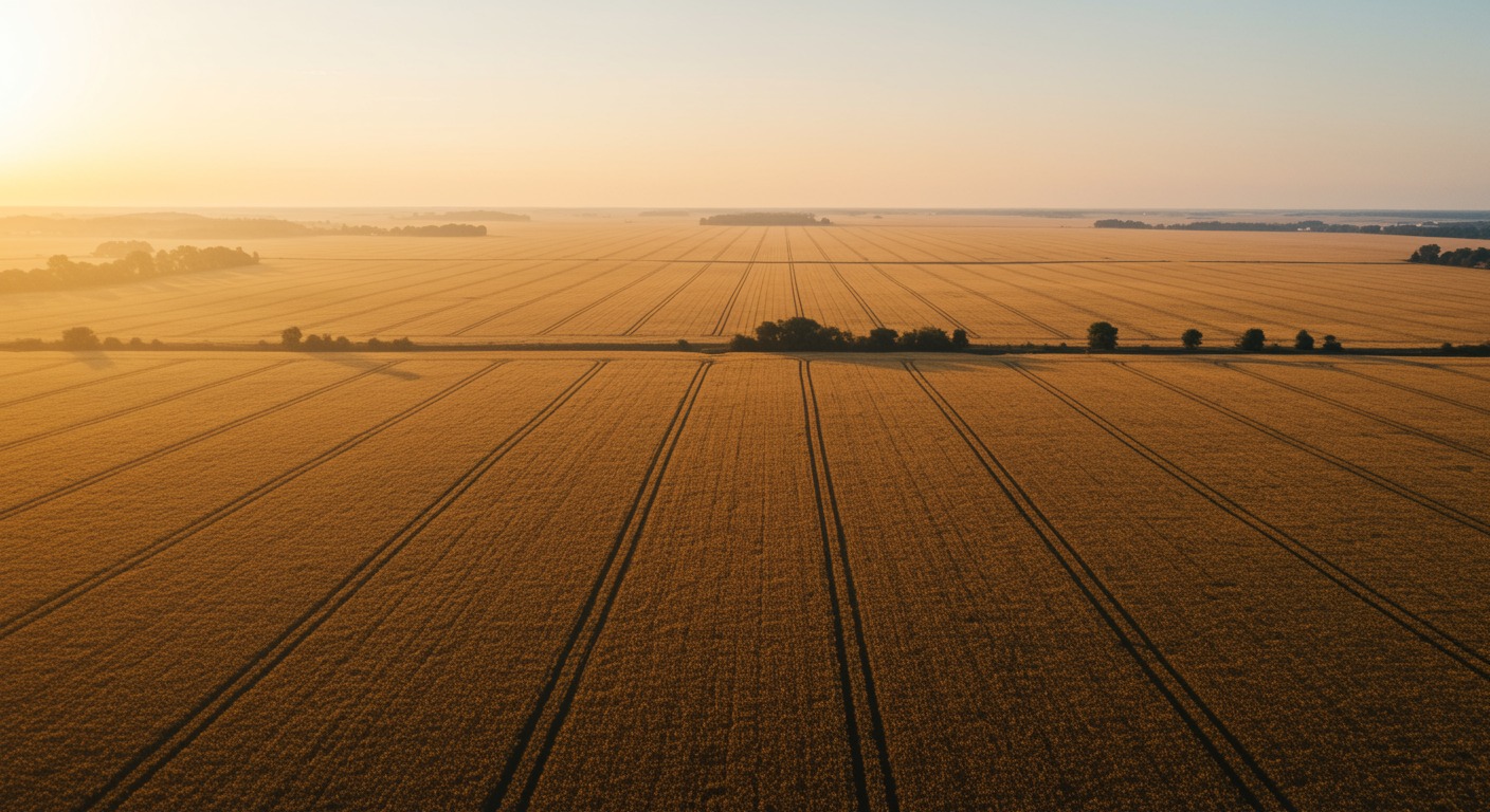 Aerial view of vast American farmland with golden crops stretching to the horizon under warm morning sunlight