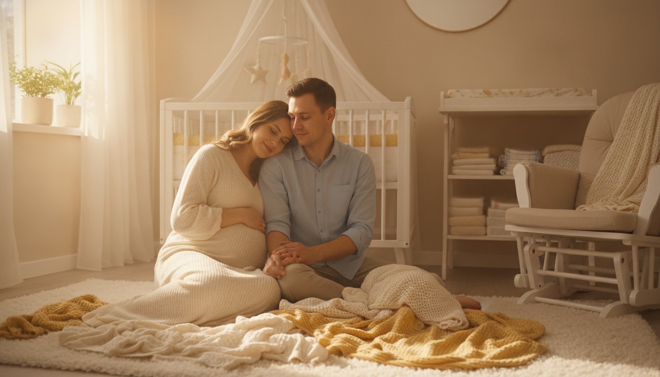 Expecting parents sharing a tender moment in a sunlit nursery with warm golden tones and soft blankets