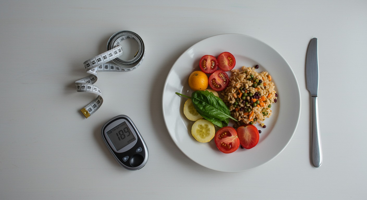 Overhead flat-lay of a balanced plate of food with measuring tape and a glucometer on a white table