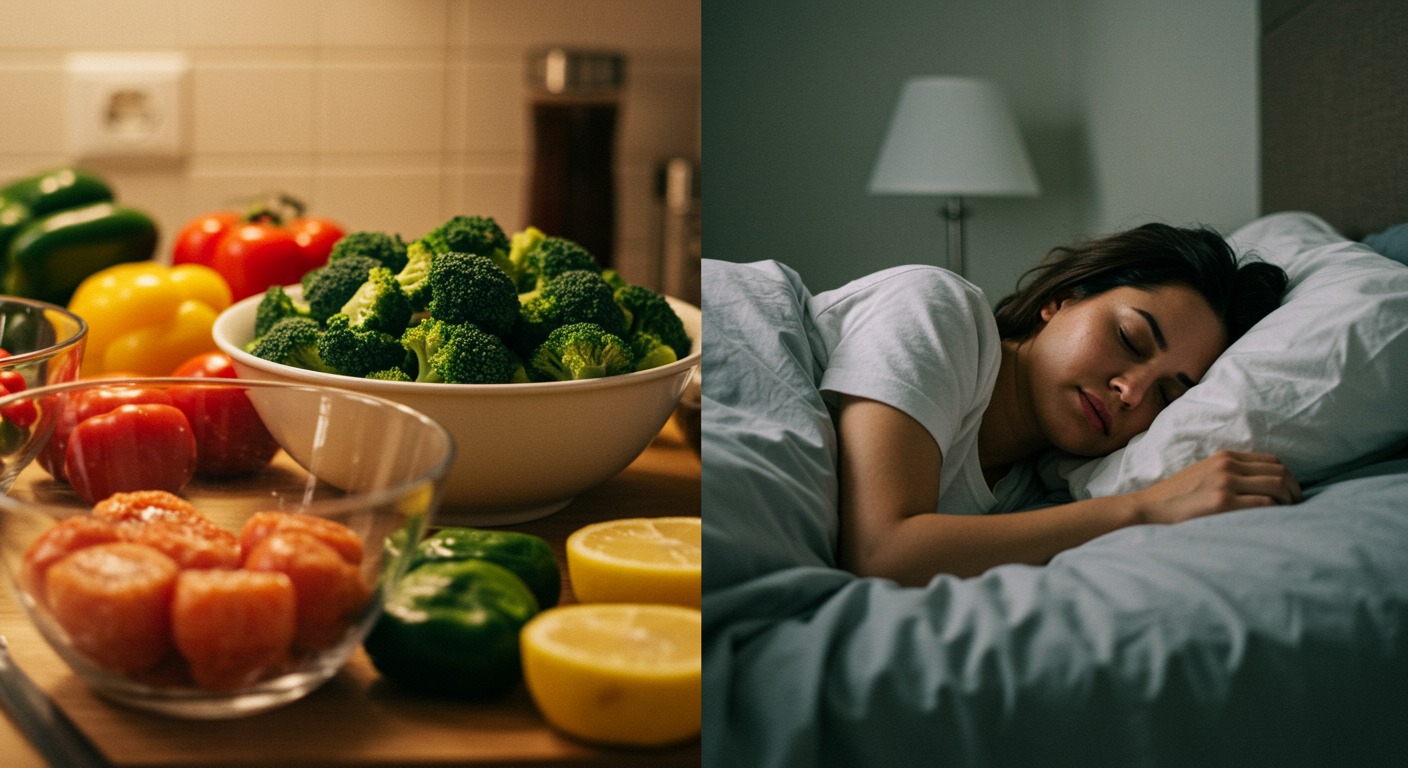 Photorealistic split image showing healthy meal prep on one side and person sleeping peacefully on the other, warm kitchen and bedroom lighting, no text