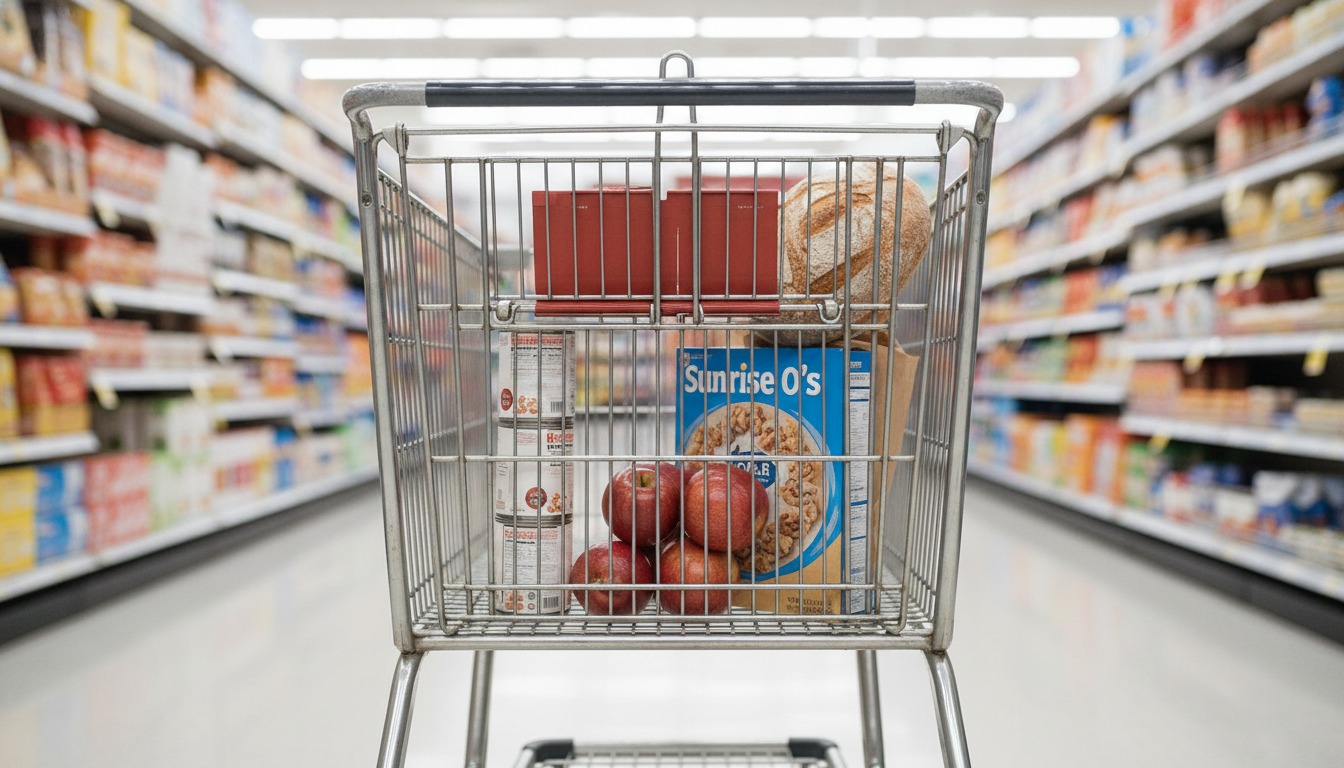 Grocery cart in a supermarket aisle holding canned beans, a box of cereal, fresh apples and a loaf of bread under bright overhead light