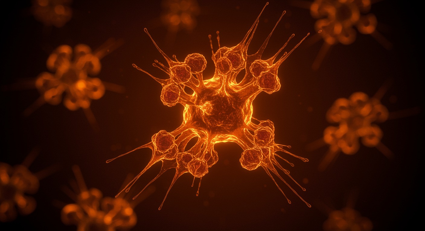 Immune cells glowing in warm orange light