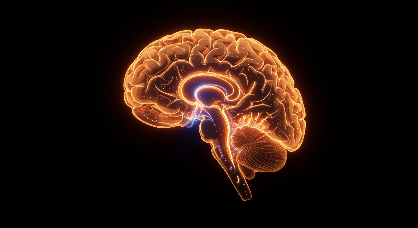 Futuristic medical concept showing a glowing brain cross-section with detailed internal structures and neural pathways highlighted in warm gold and blue tones