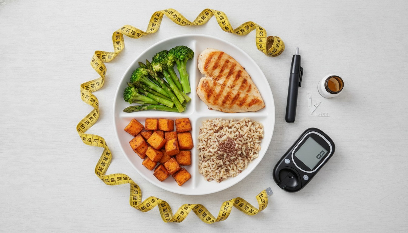 Overhead flat-lay of a balanced plate of food with measuring tape and a glucometer on a white table