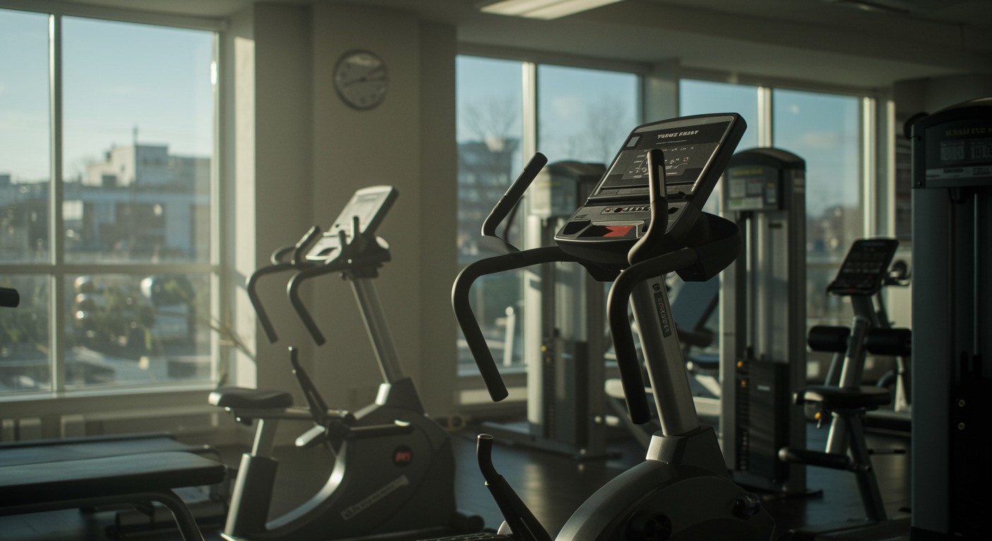 Exercise equipment in bright sunlit rehab facility