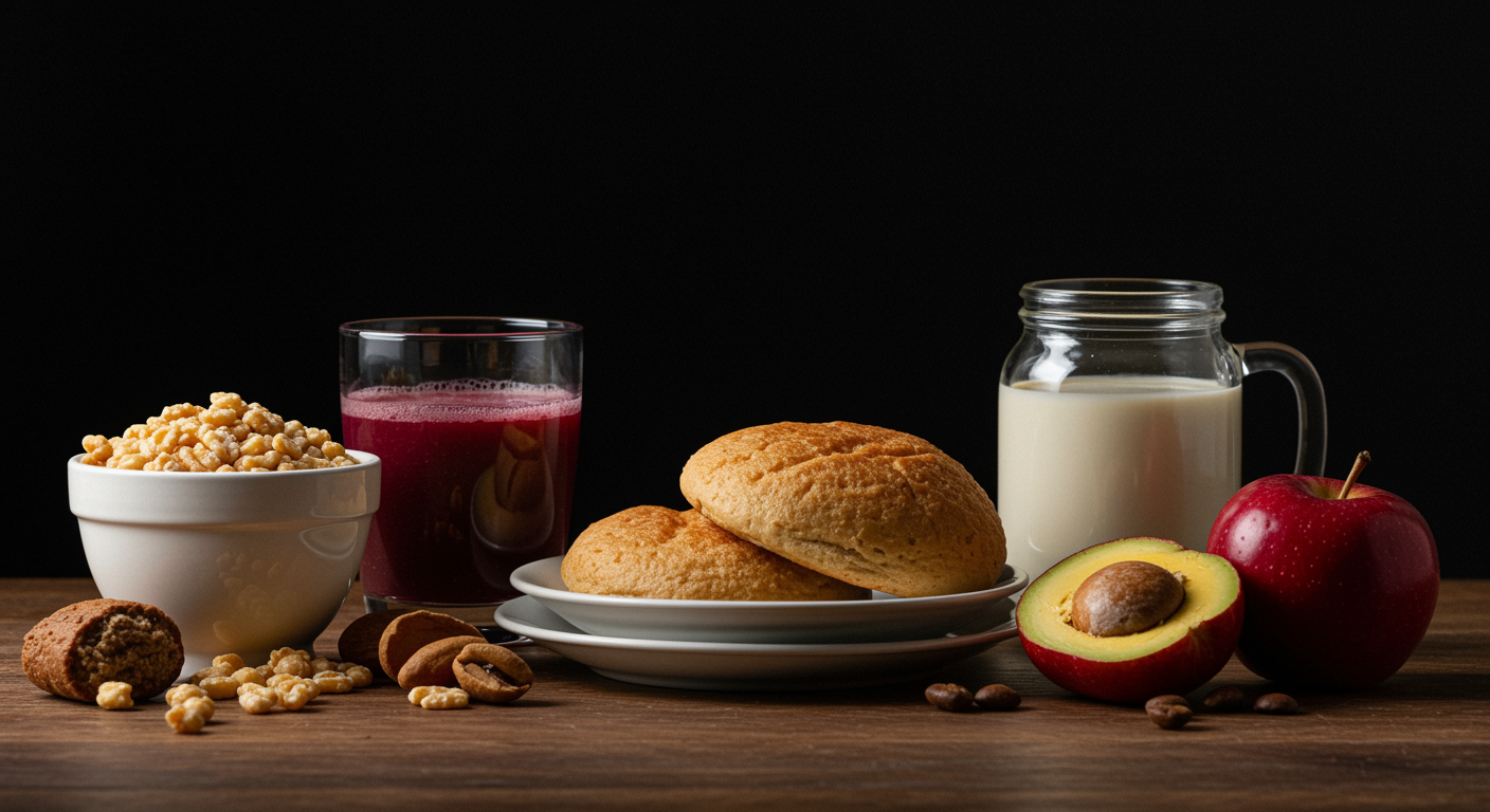 Photorealistic high-glycemic foods with sleep onset visualization, showing faster sleep initiation effects, soft nutritional lighting, no text