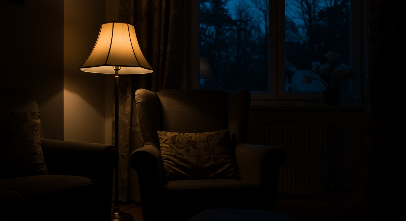 A softly lit living room in the evening with a warm dim lamp glowing beside a comfortable armchair near a window