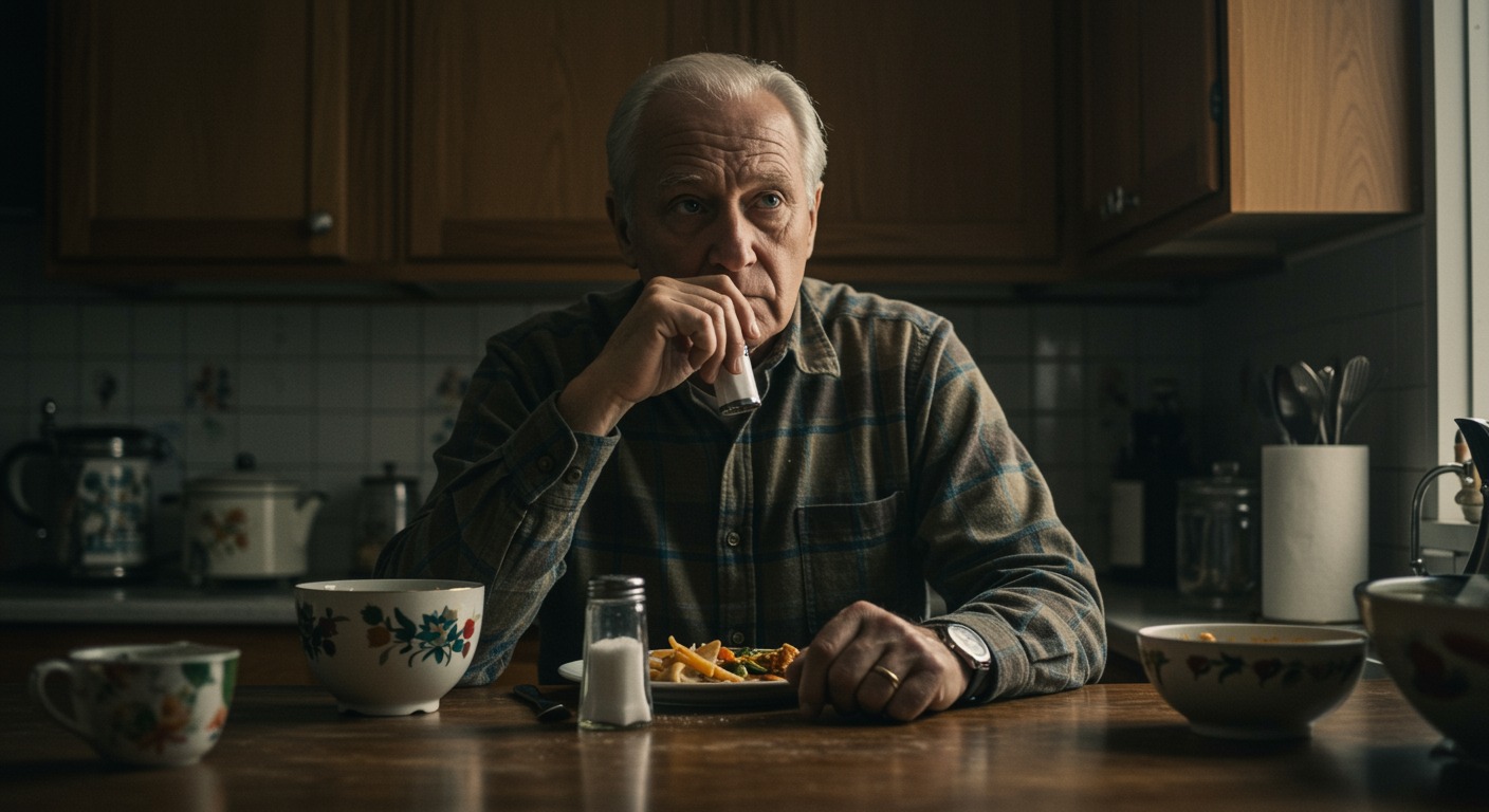 An older man pausing thoughtfully at a kitchen table with a salt shaker and a home-cooked meal in soft natural light