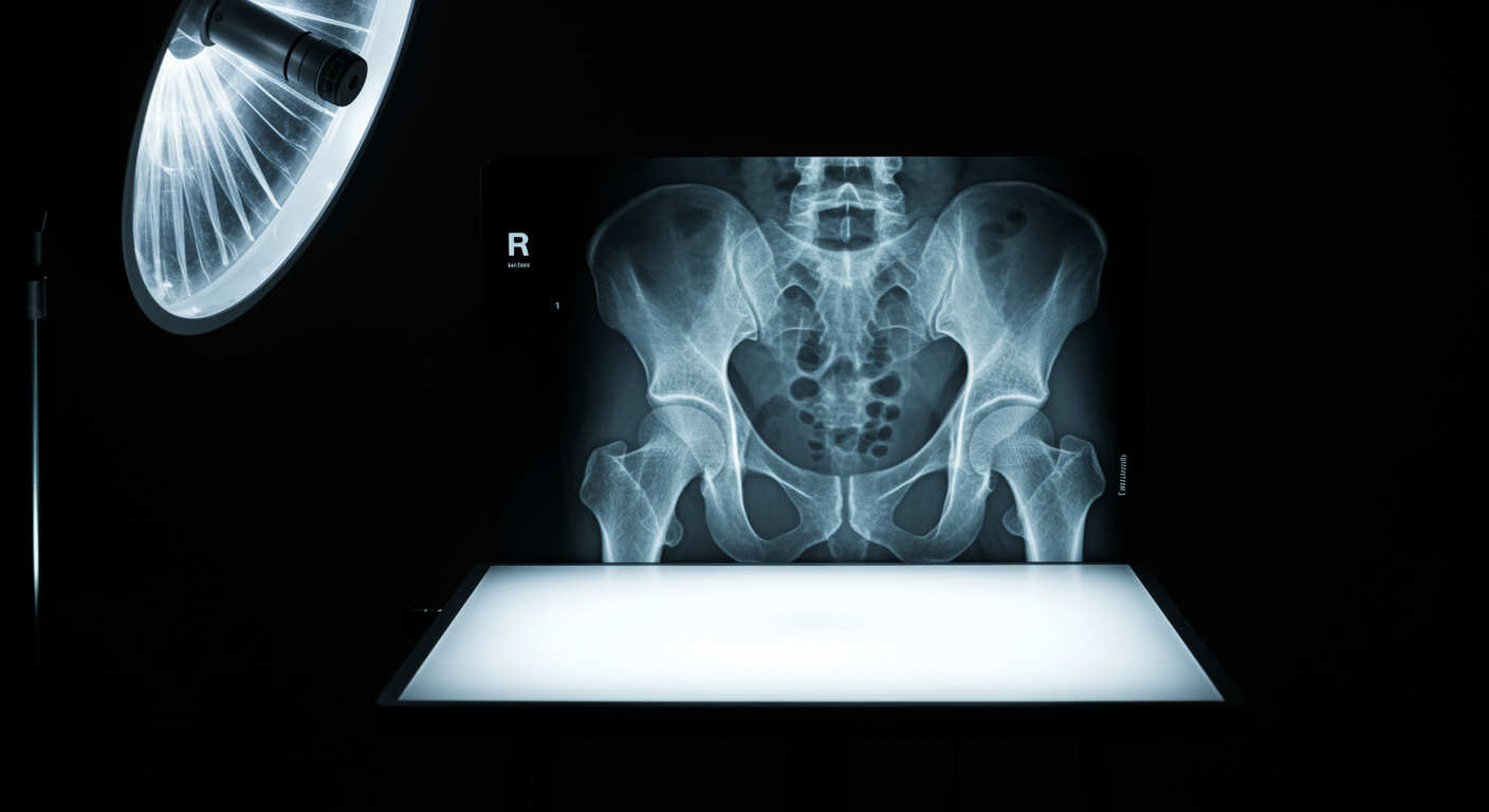 Hip bone X-ray on medical lightbox with professional lighting