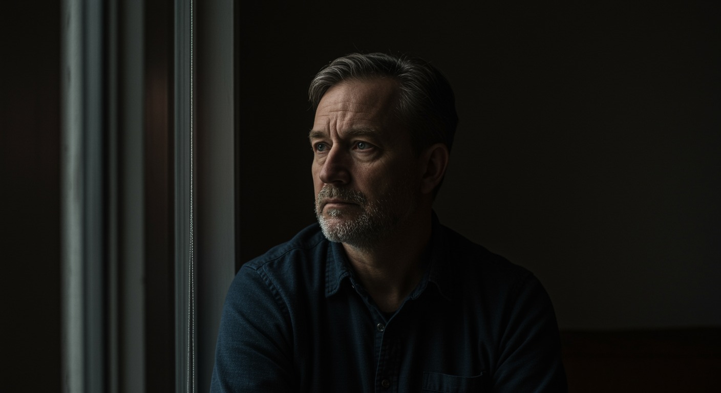 A middle-aged man sitting alone by a window in soft natural light, looking thoughtfully into the distance