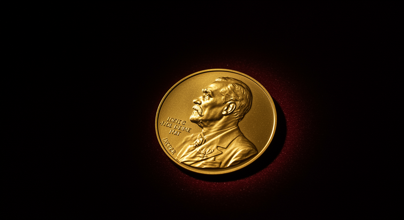 Golden Nobel Prize medal on dark velvet background, dramatic spotlight, no text, elegant composition
