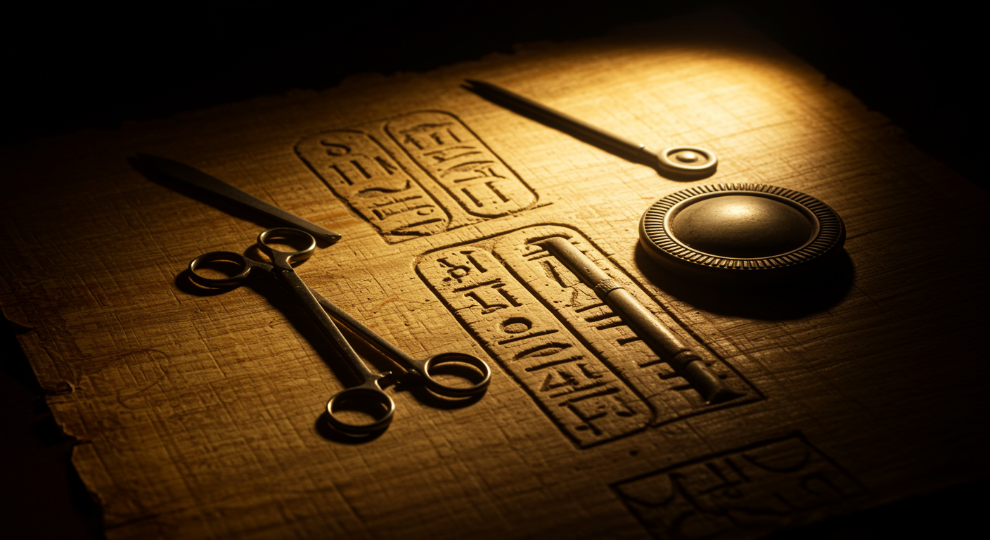 Ancient Egyptian stone carving with medical instruments on aged papyrus with warm lighting