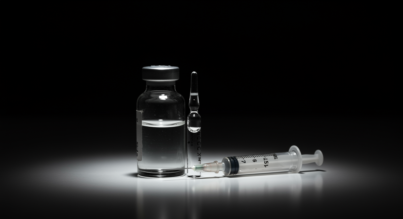 Vintage medical vial with vaccine and syringe on white surface with soft lighting