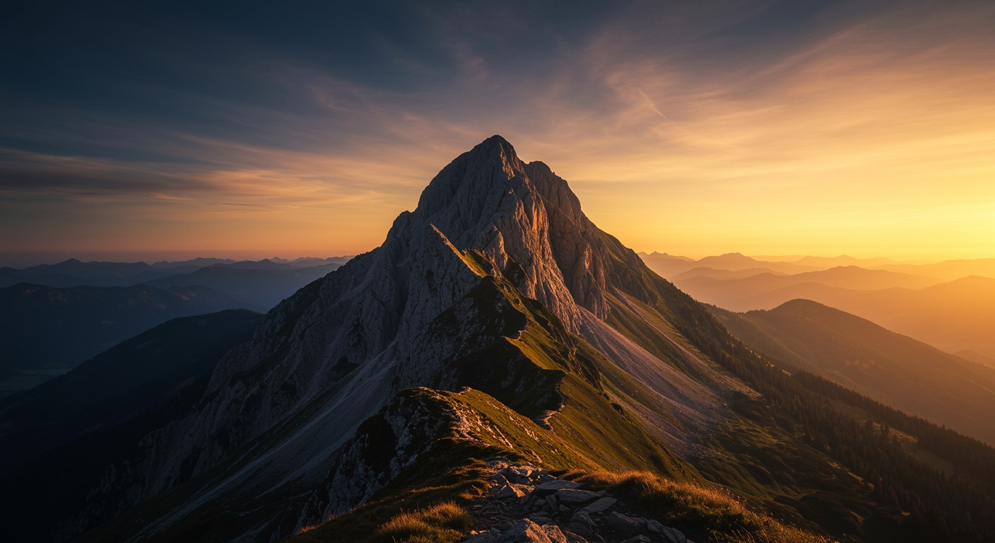 Mountain peak with warm golden sunrise