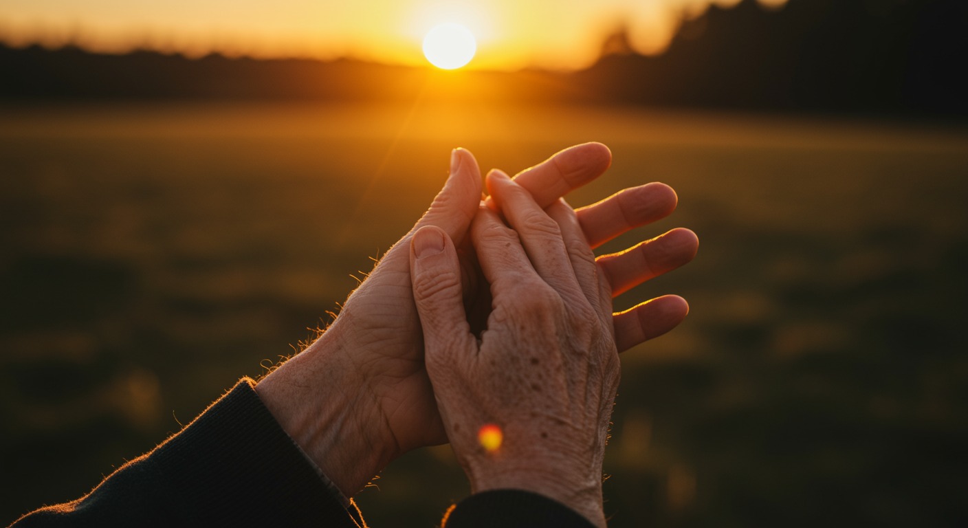 Elderly hands in warm sunset light
