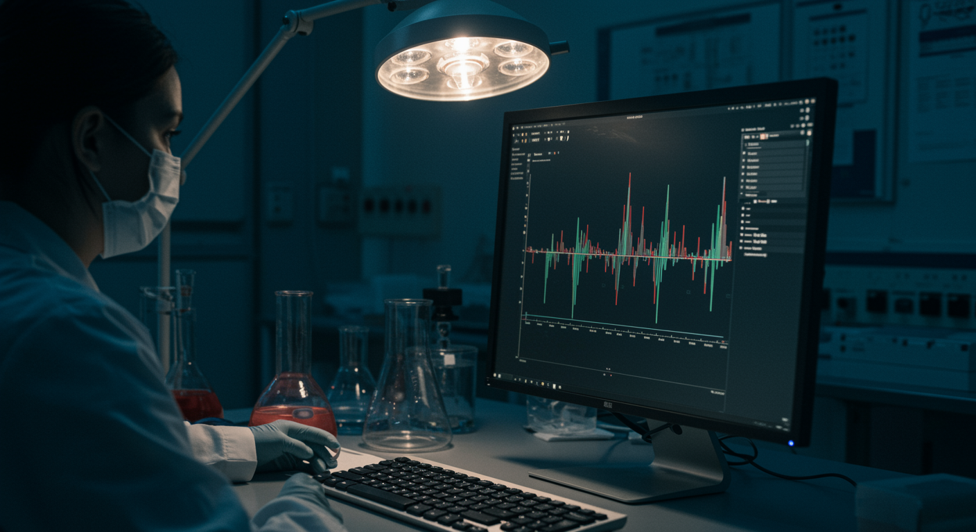 Medical laboratory analysis showing inflammatory and metabolic biomarkers on computer screen with clinical lighting