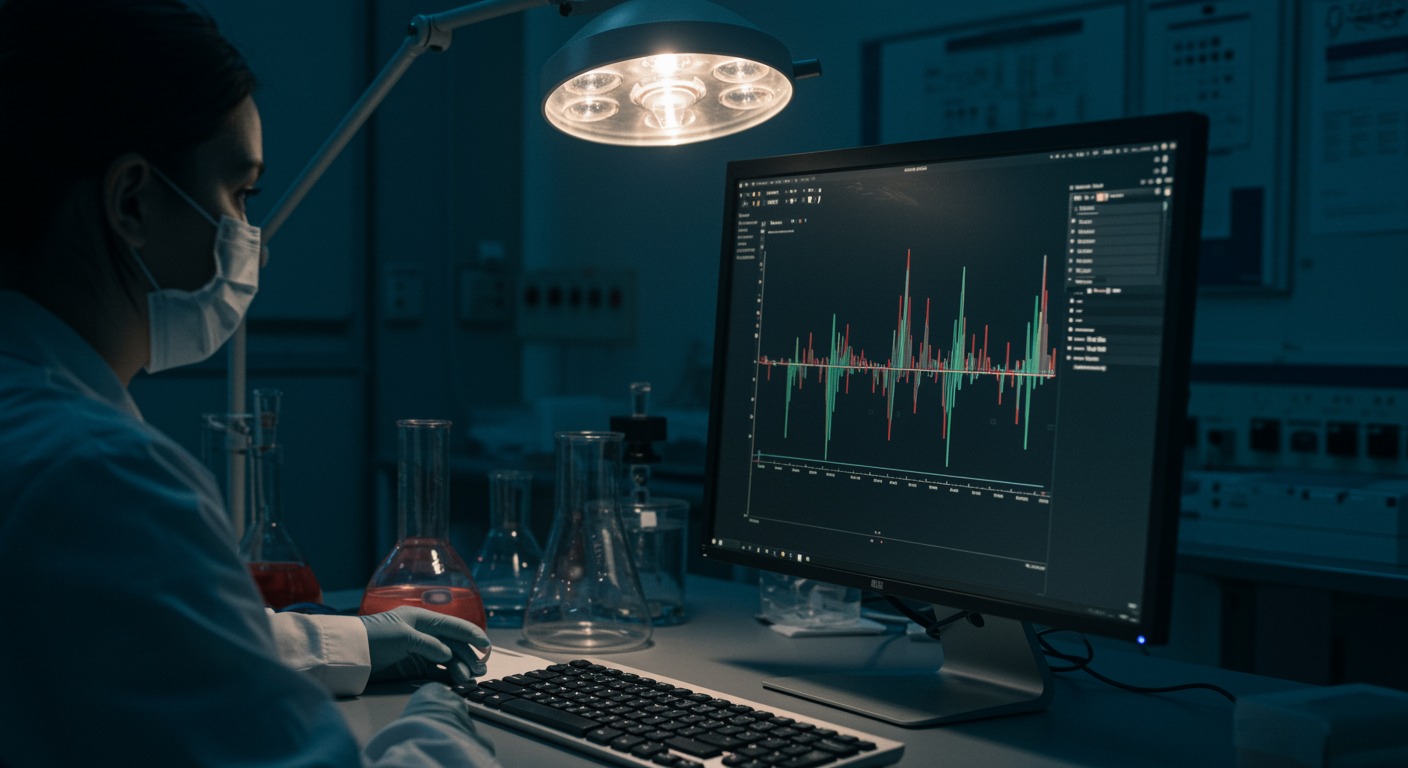 Medical laboratory analysis showing inflammatory and metabolic biomarkers on computer screen with clinical lighting