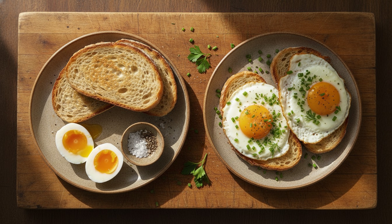 Overhead shot of a plate of soft-boiled and sunny-side-up eggs with toast and fresh herbs on a rustic wooden board with warm natural light