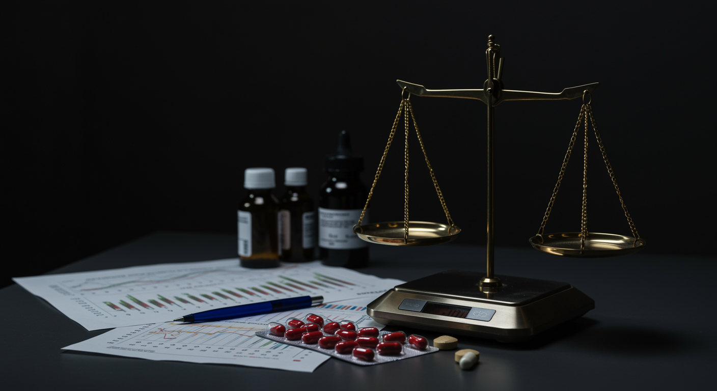 Medical scale and antidepressant medications with metabolic health charts on clinical desk with professional lighting