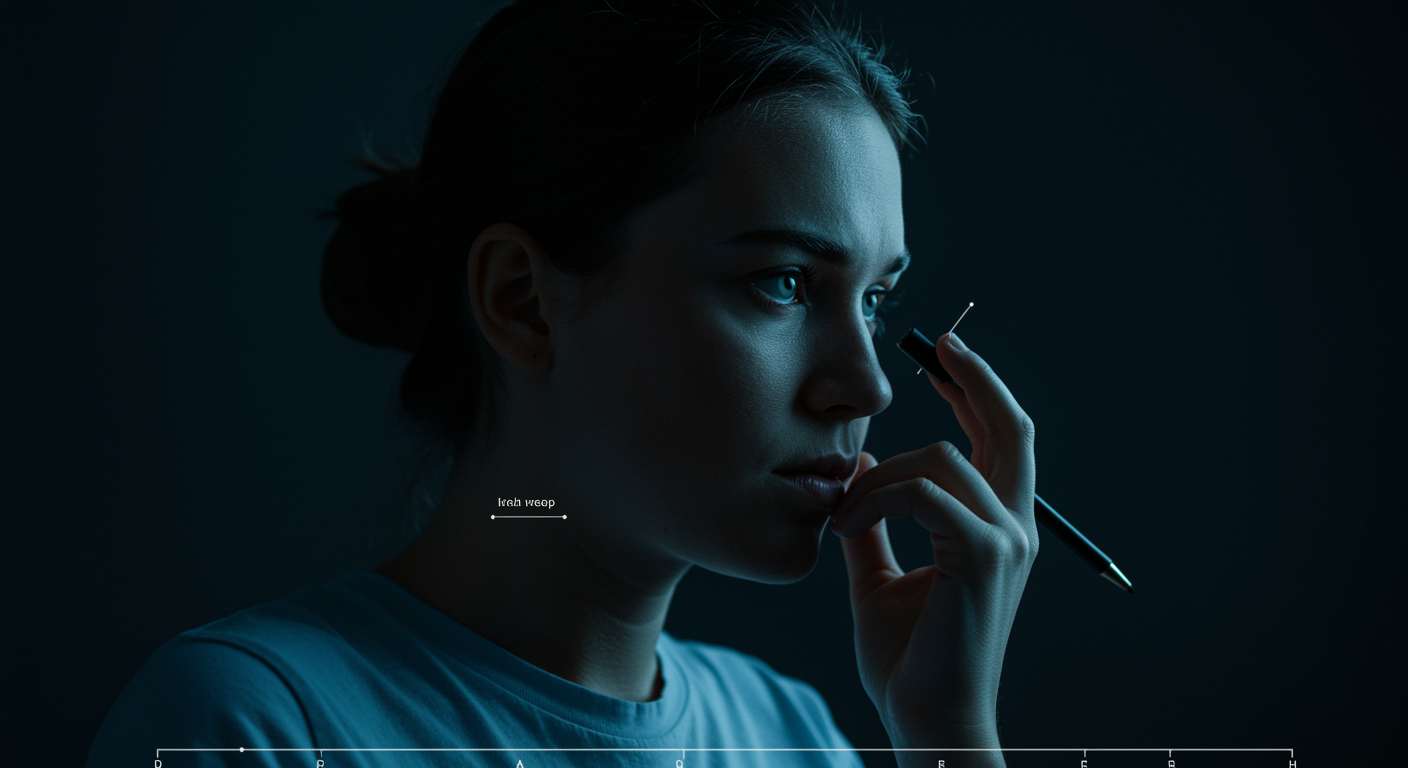 Photorealistic person showing fatigue and cognitive impairment after one night of restricted sleep, with performance testing visualization, soft clinical lighting, no text