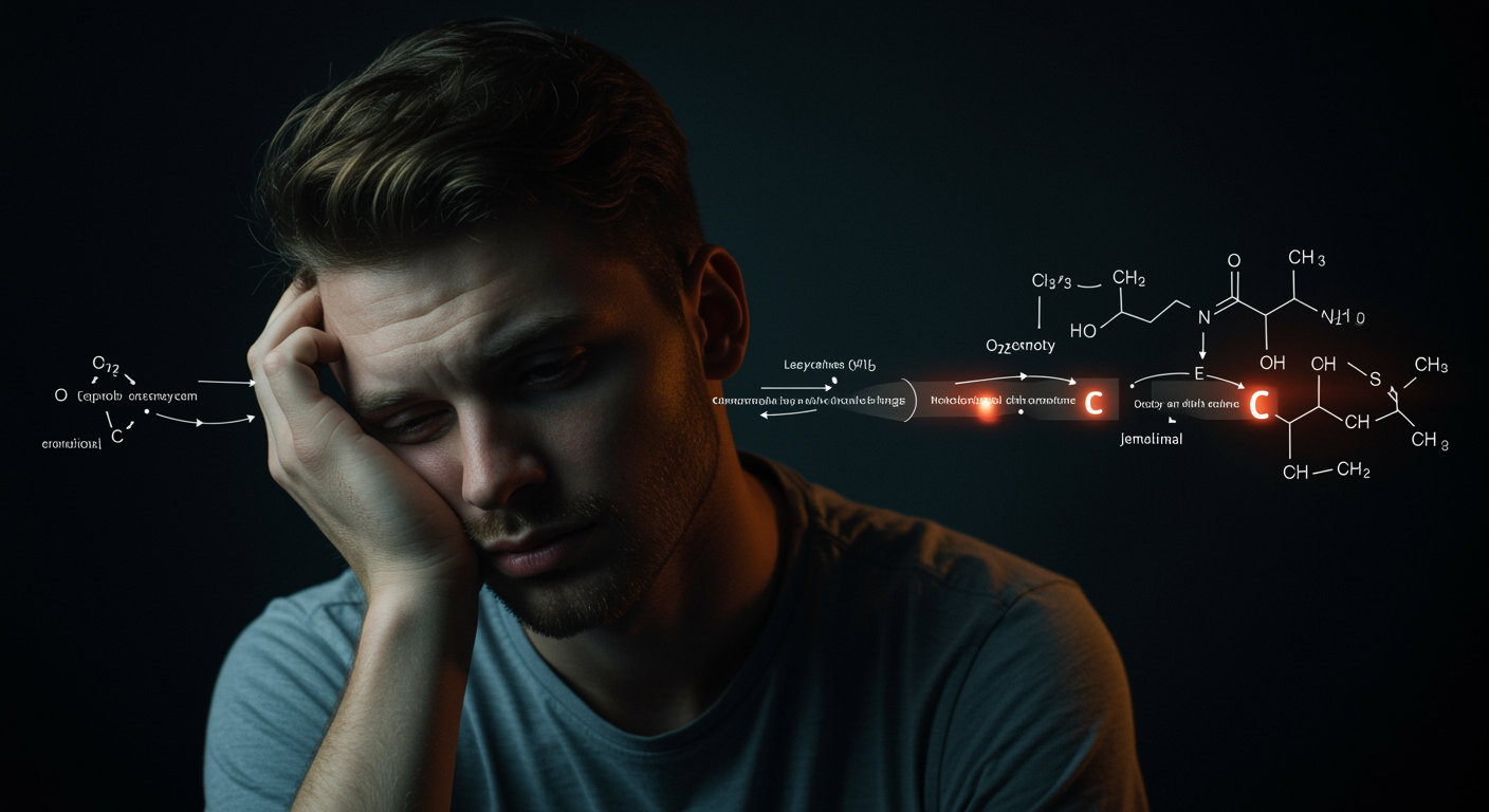 Photorealistic image of tired young man with subtle overlay of metabolic pathway diagrams, showing disrupted hormone cycles, soft medical lighting, no text