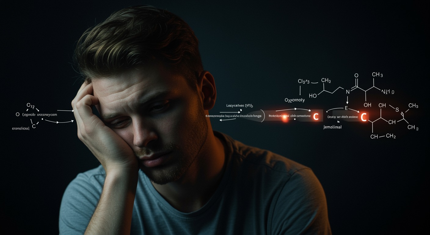 Photorealistic image of tired young man with subtle overlay of metabolic pathway diagrams, showing disrupted hormone cycles, soft medical lighting, no text