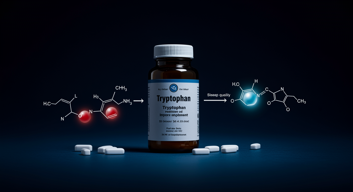 Photorealistic tryptophan supplement with sleep quality improvement visualization, showing serotonin and melatonin pathways, soft biochemical lighting, no text