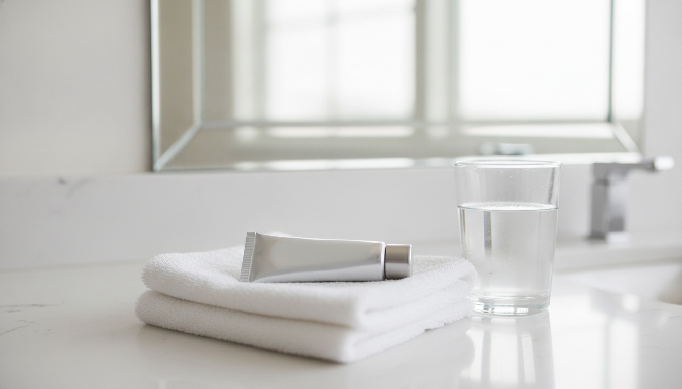 A small tube of skin cream resting on a folded white towel beside a glass of water on a bright bathroom counter