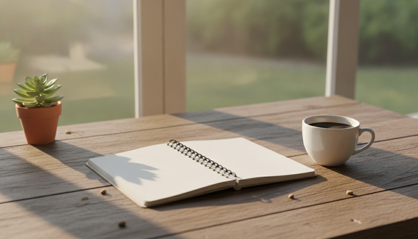Open notebook and a cup of coffee on a wooden desk by a window with warm soft morning light and a small potted plant